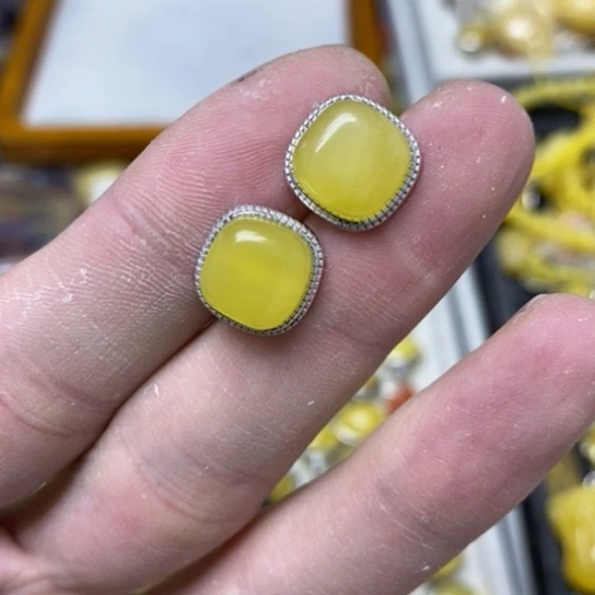 蜜蜡裸石银S925镶嵌耳钉