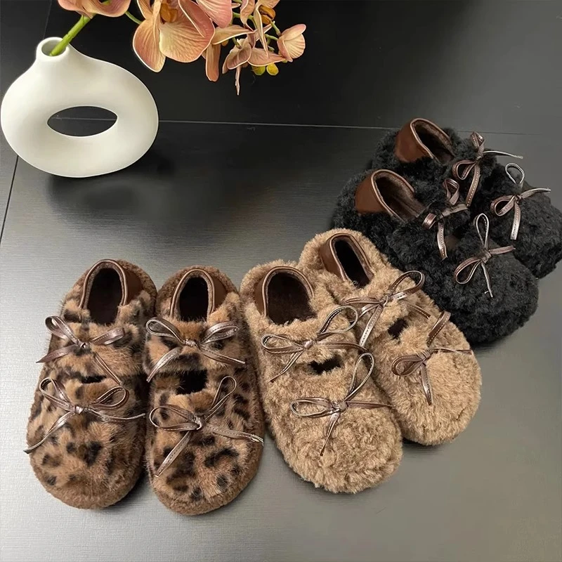 双带蝴蝶结两穿一脚蹬棉鞋2025年秋冬季时尚百搭厚底外穿女毛毛鞋