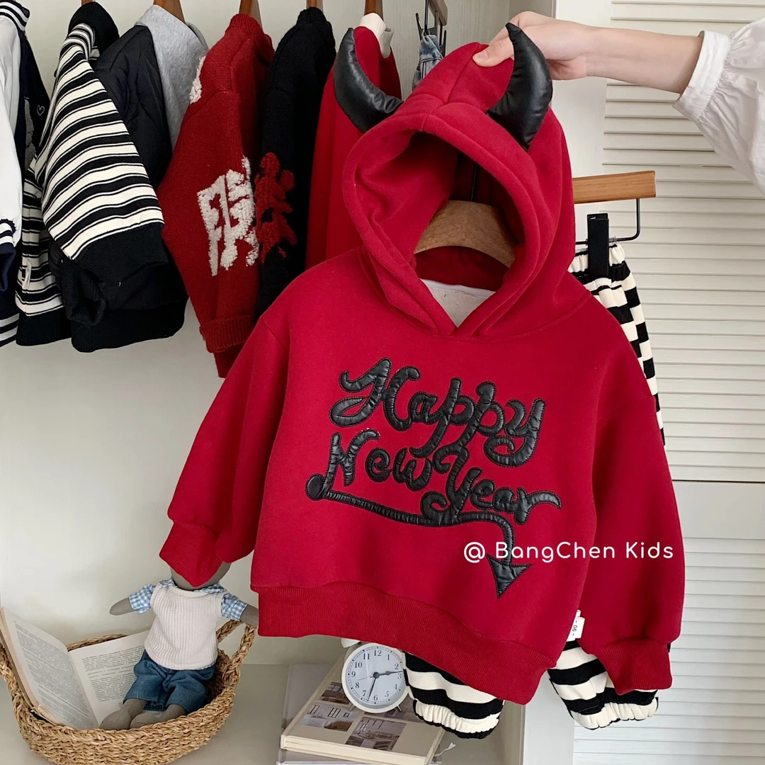 儿童卫衣2024冬季可爱小怪兽连帽套头衫红色喜庆卫衣潮G0666
