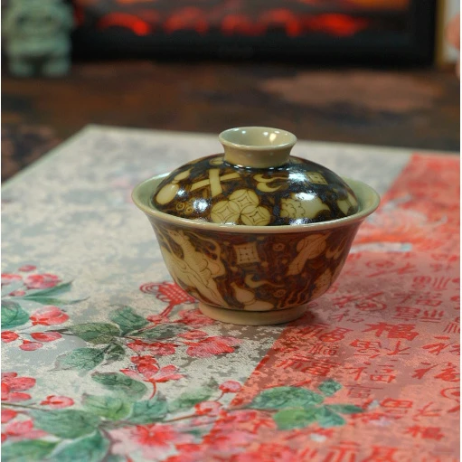 【景德镇雨溪山房】釉里金杂宝马盖碗 yxylj00007陶瓷茶具陶瓷