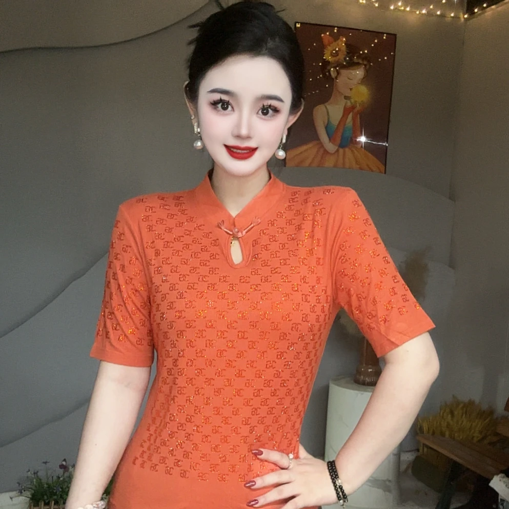 【双C字母】新中式国风旗袍领爆款洋气重工打底衫女3099