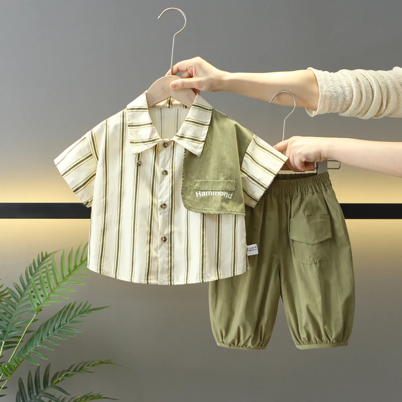 男童套装夏季衬衫两件套2025新款宝宝洋气儿童短袖炸街衣服痞帅薄