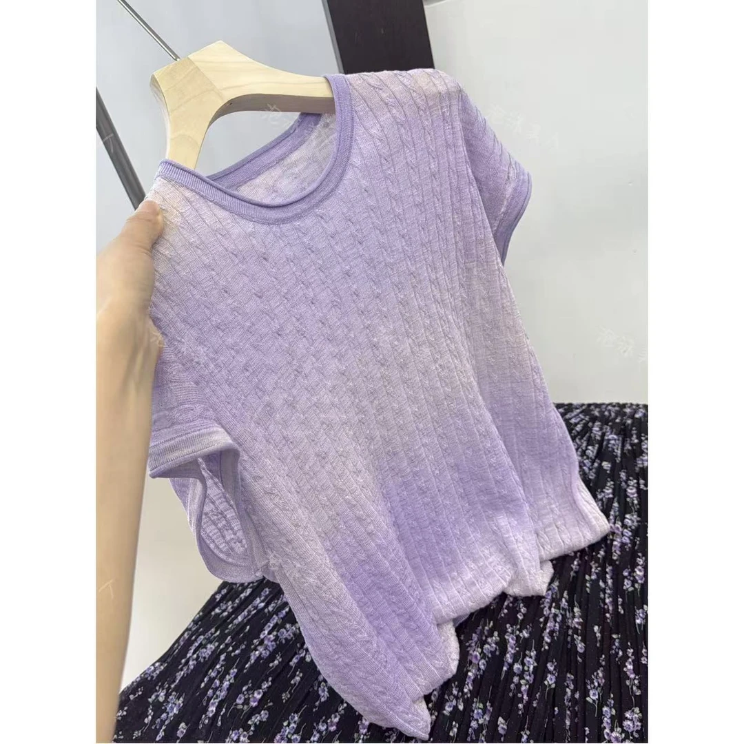 仙紫段染」巨好看超仙显白气质小个子圆领短袖针织衫女夏25新款 57