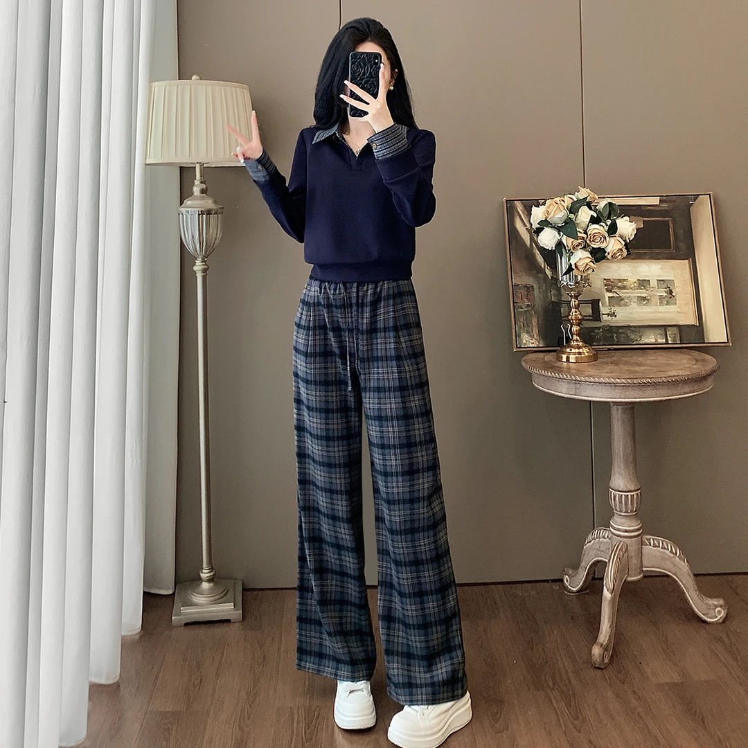 休闲气质时尚套装女假两件上衣格子阔腿裤两件套2025秋季新款女装