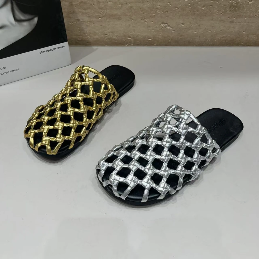 菱格半托2025夏季爆款时尚平底简约渔网镂空半拖编织百搭包头凉拖