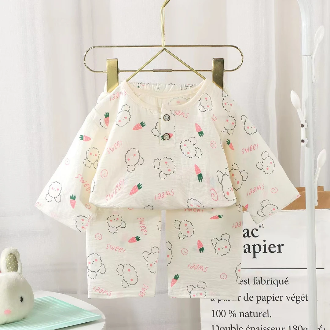 春夏新款男童女童家居服泡芙绵婴幼儿中大童睡衣空调服七分裤套装