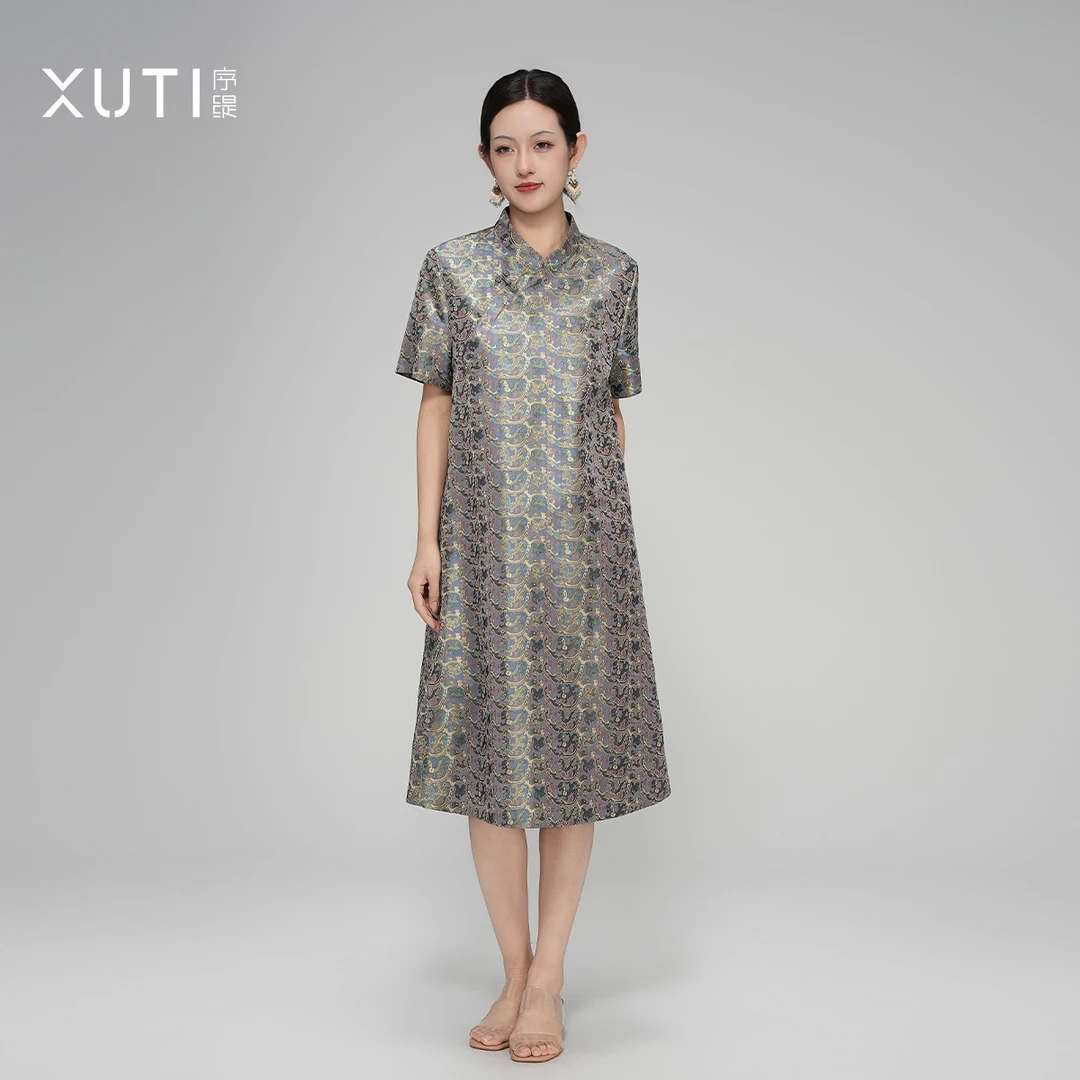 序缇『元青赋』夏季复古国风新中式桑蚕丝古蜀锦连衣裙女J37-16530