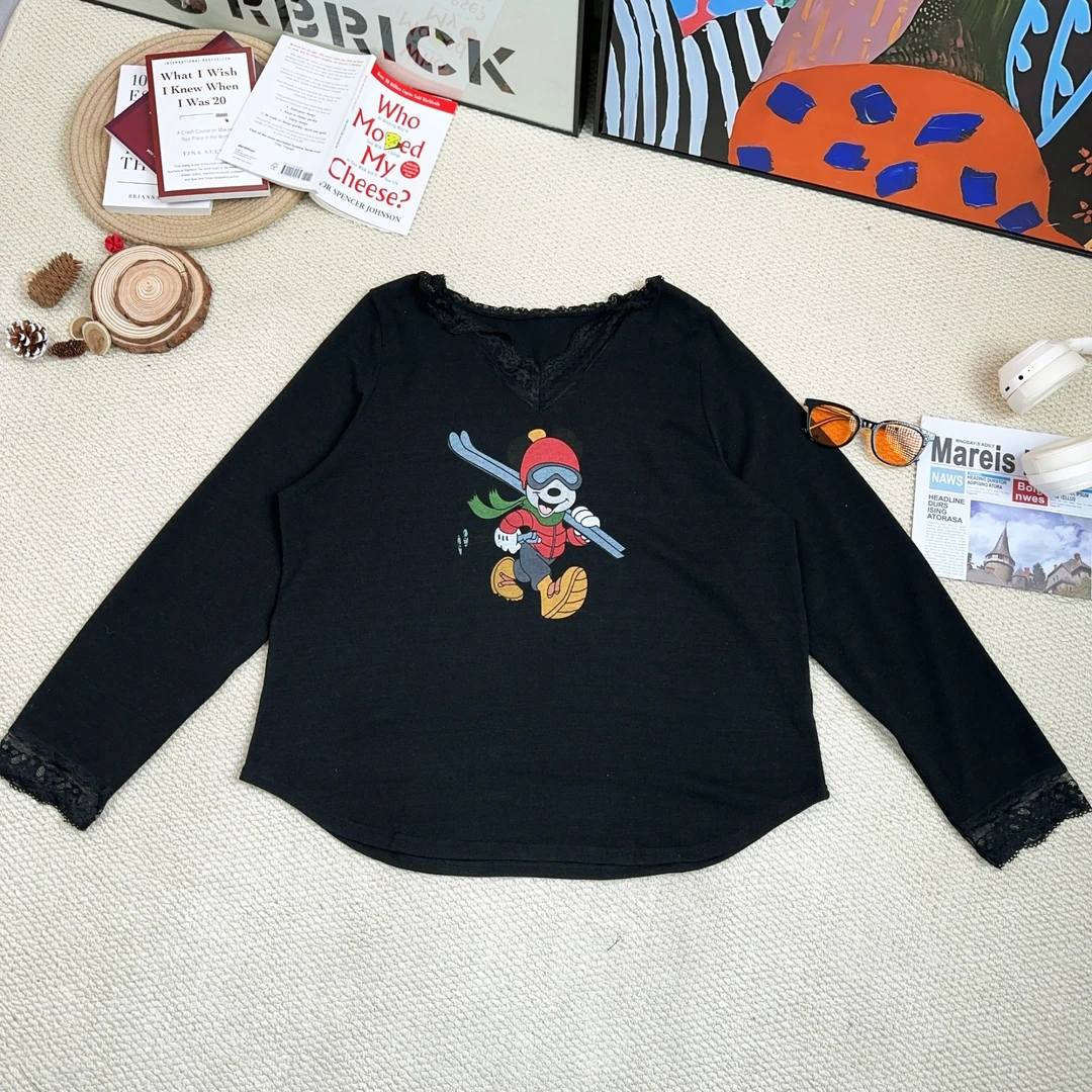 2024秋季新款休闲时尚百搭纯色拼蕾丝打底长袖T恤8144