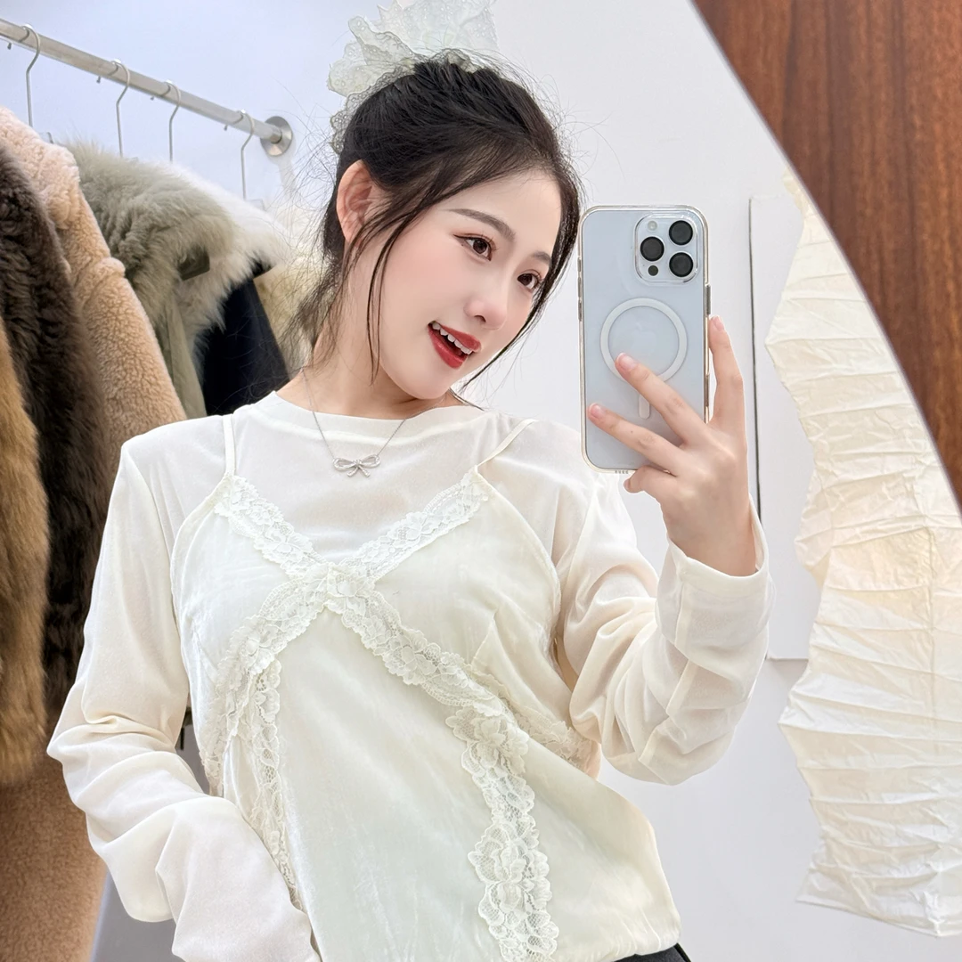 新款丝绒蕾丝拼接性感吊带打底衫套装女内搭