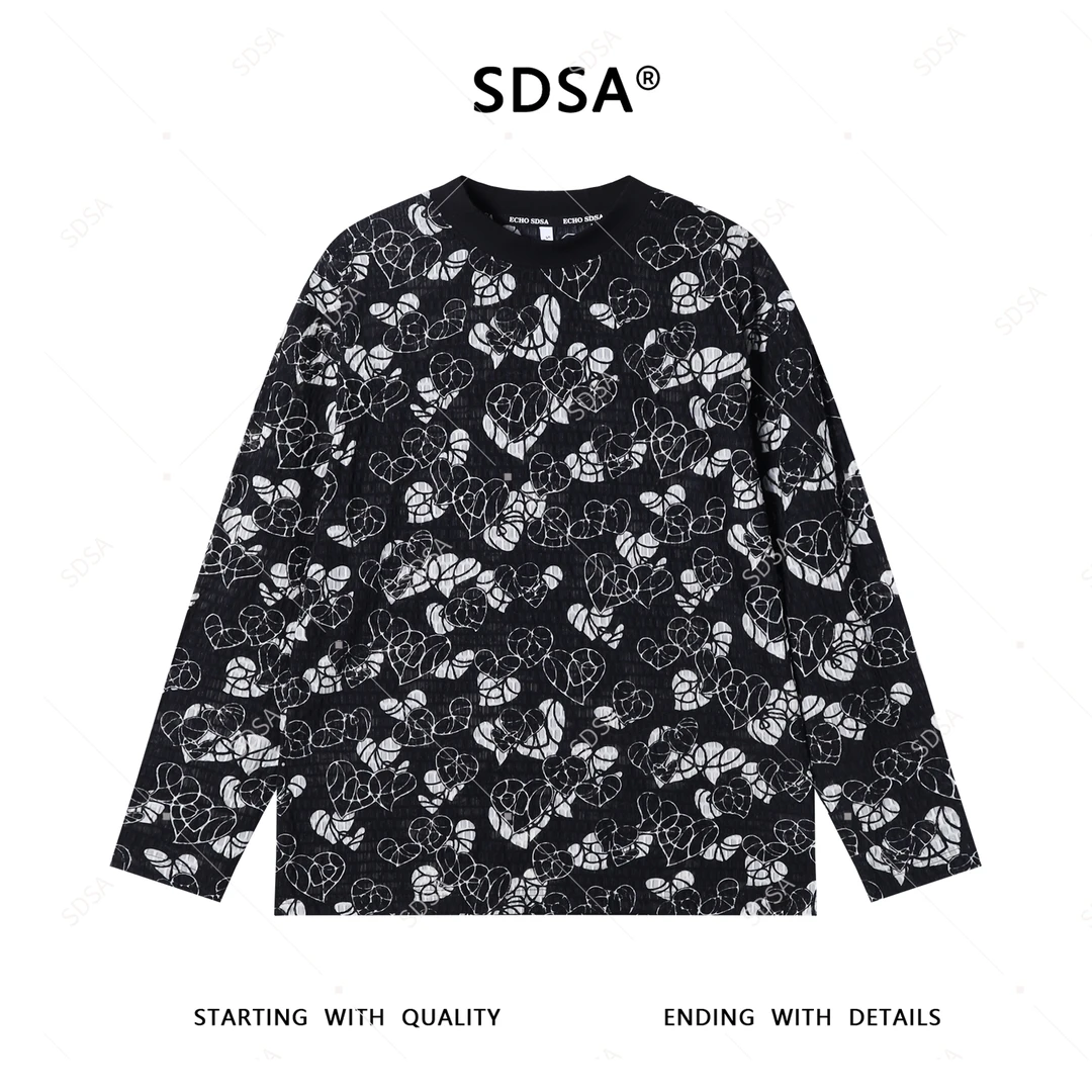 SDSA男士秋冬新款轻奢痞帅男装休闲提花爱心印花圆领长袖T恤时尚