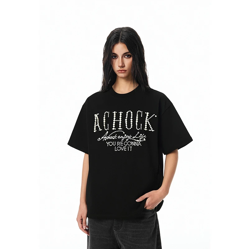 【Achock官方店】美式运动钉珠短袖T恤男女潮牌重磅宽松情侣上衣