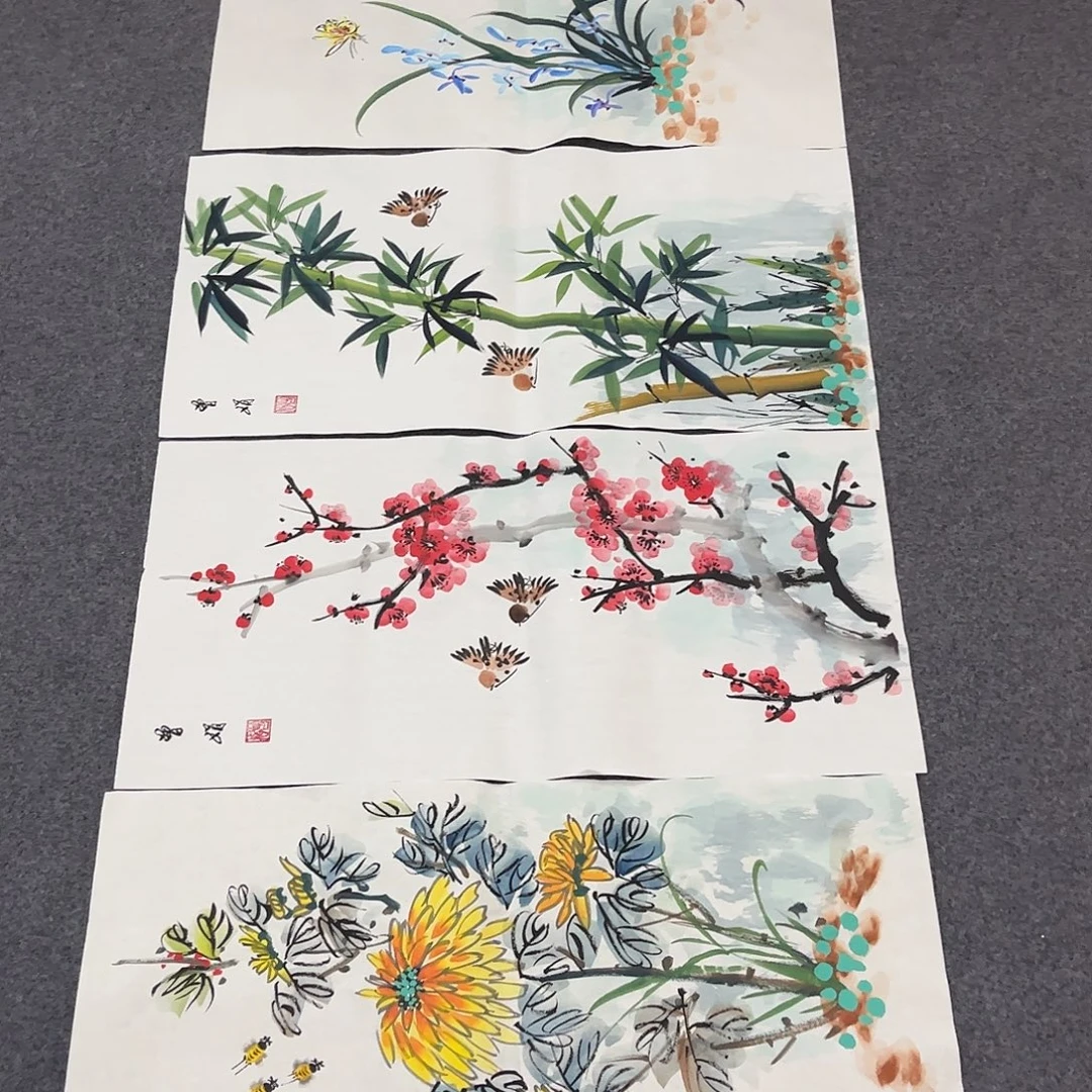 国画L精品国画作品四条屏