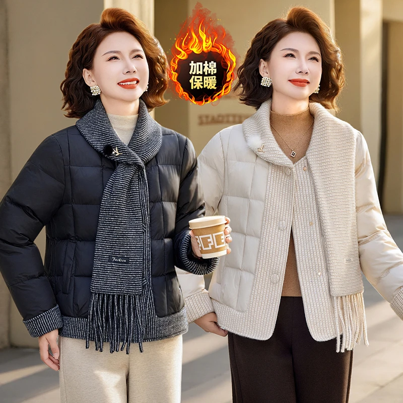 时尚妈妈装围巾领棉服外套2025年冬季新品中老年女装丝绵上衣洋气