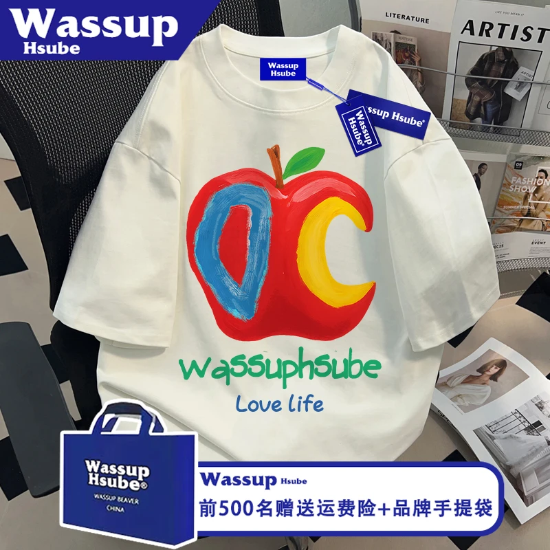 WASSUP HSUBE夏季纯棉红苹果印花上衣白色短袖ins男女同款宽松T恤