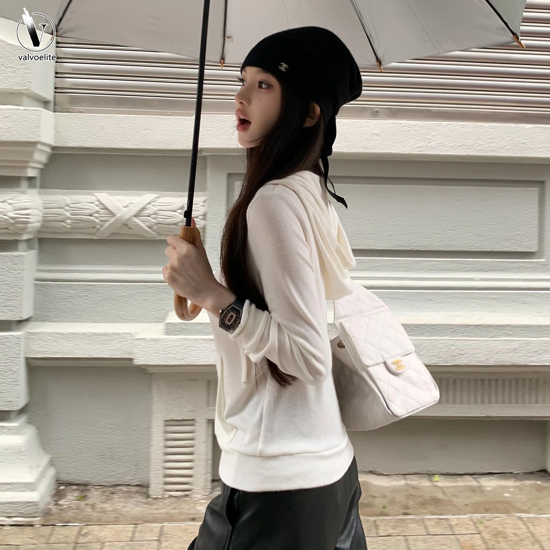VALVOELITE上衣针织连帽运动衫斜肩短款时尚休闲纯160180大码卫衣
