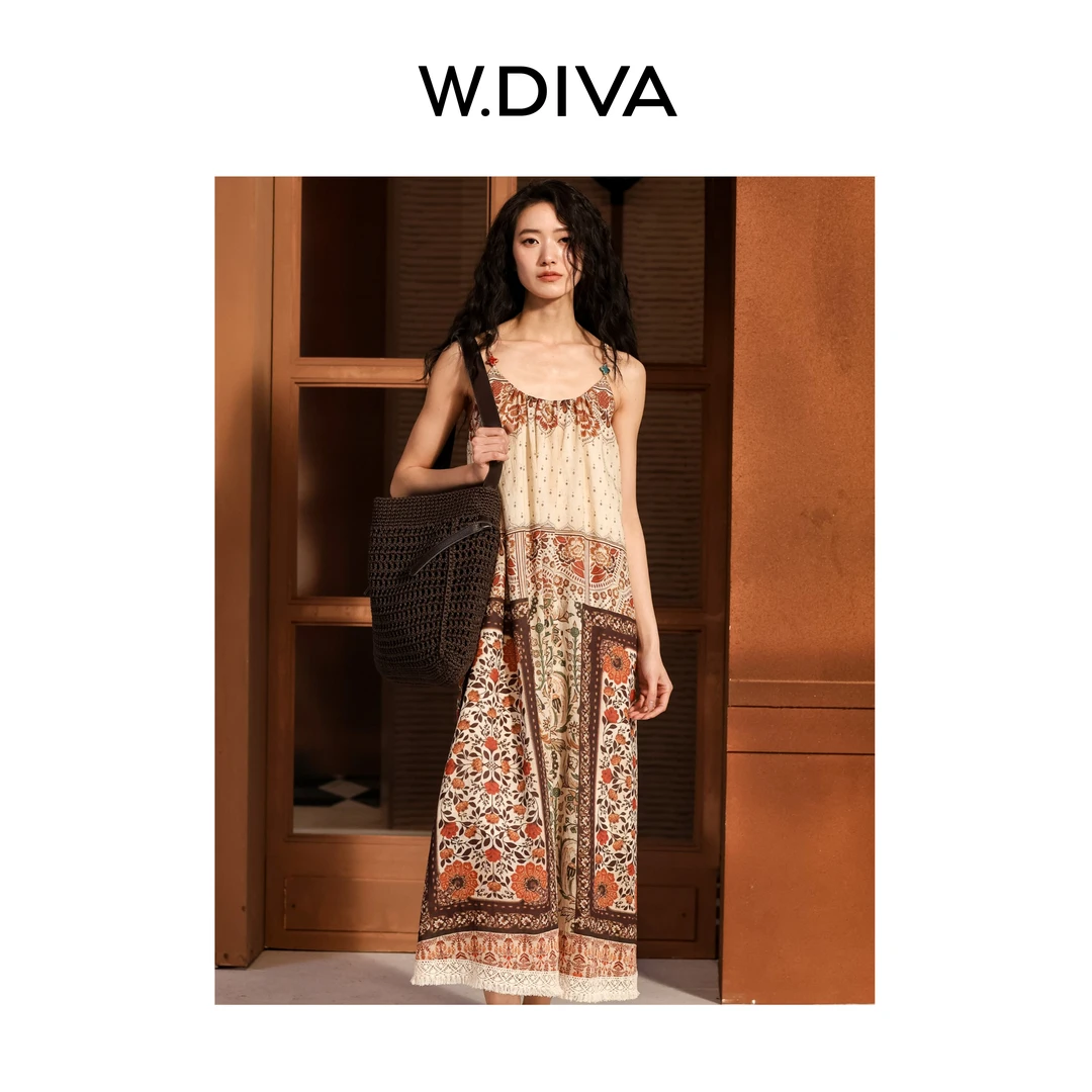 W.Diva【月纨】莱赛尔亚麻碎花吊带裙显瘦民族风连衣裙女51D091691