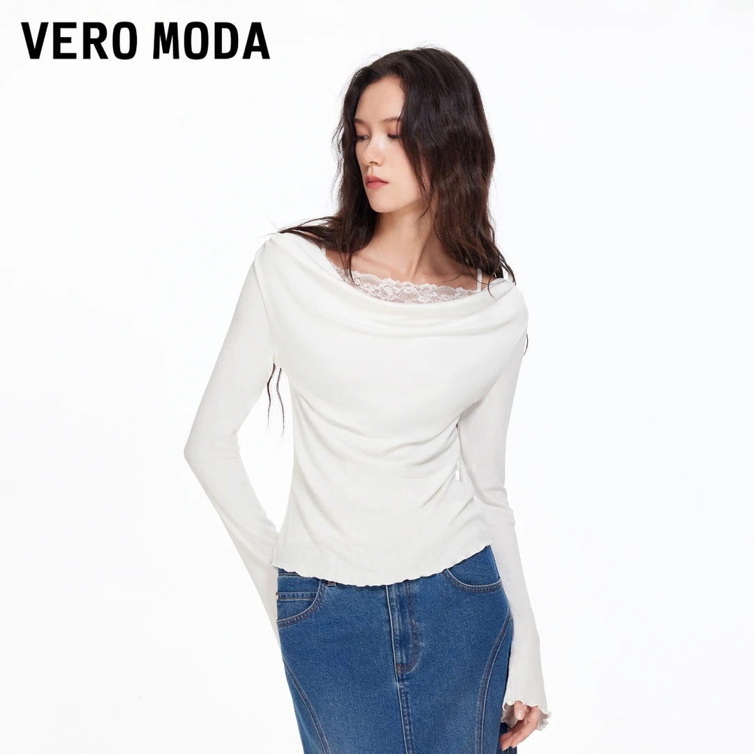 Vero ModaT恤女26春季新款一字肩荡领拼接蕾丝上衣百搭显瘦高级