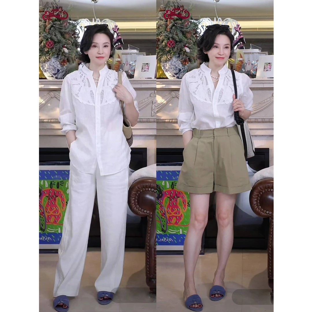 我是摩羯 麦克白 14支100亚麻十万针德国激光镂空绣花秋衬衫