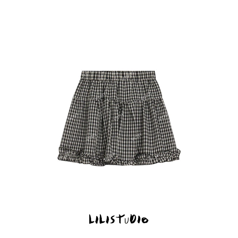 「永怀徒名」不理理夏季新款小众女装少女感格纹百搭蛋糕半身裙