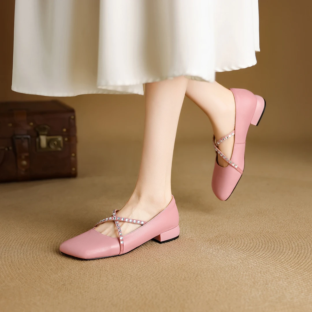 绝美巨好看斜头牛皮粉色单鞋女浅口低跟平底鞋女软底舒适不累脚真