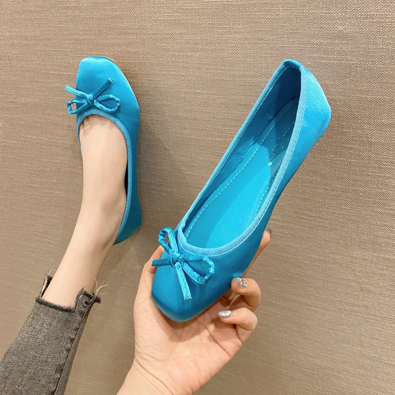 领平底温柔晚晚鞋法式浅口单鞋女蓝色锻面金色芭蕾舞鞋