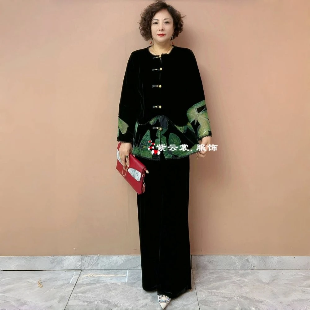 秋装新款时尚洋气百搭显瘦圆领拼接丝绒打底衫女妈妈国风开衫外套