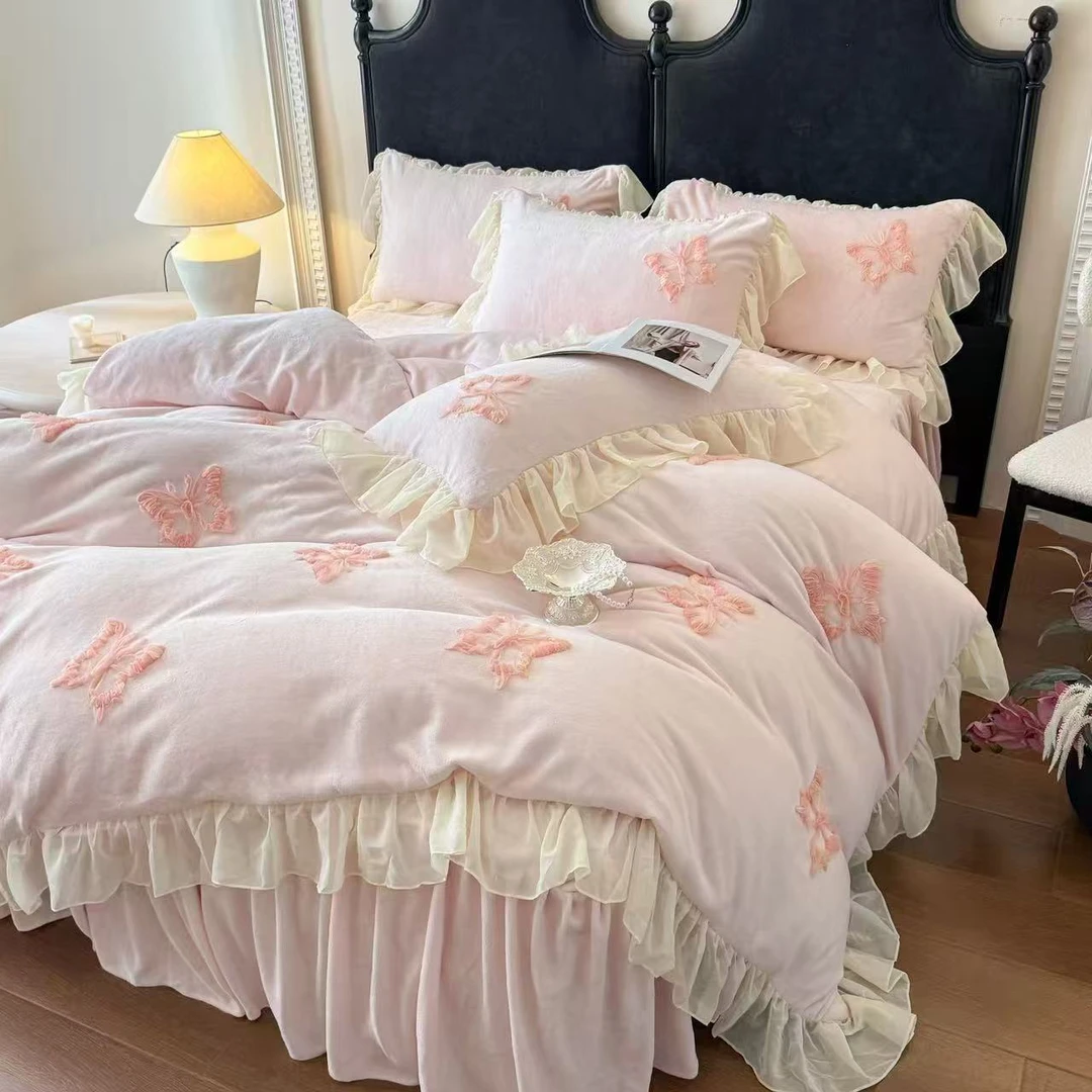 韩版加厚牛奶绒床裙盘花刺绣四件套公主风加绒保暖被套柔软床单笠