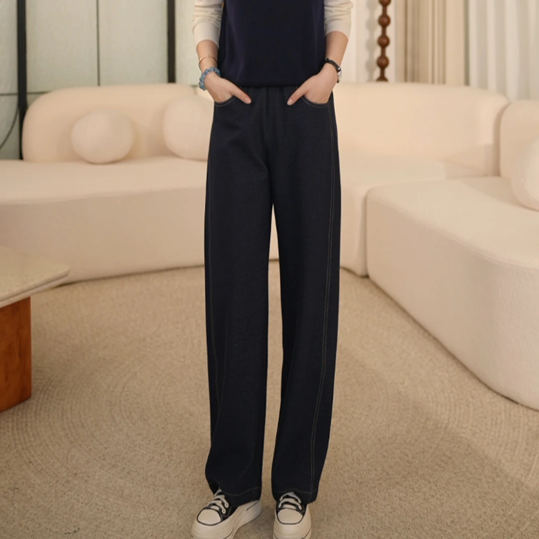 枫竺阿楠anan全松紧休闲抽绳宽松牛仔原色直筒小香蕉裤女秋冬