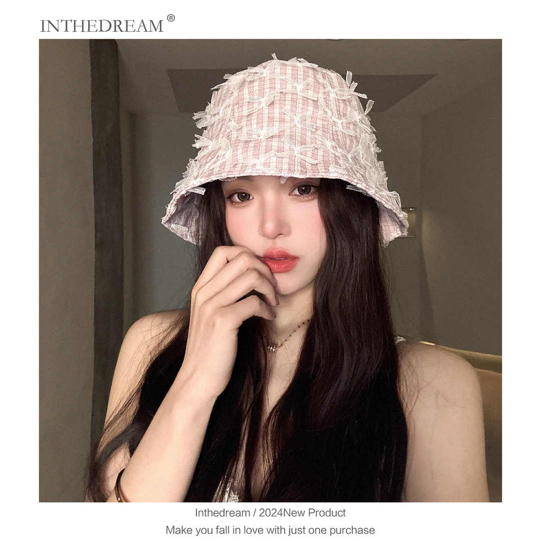 2025年新款甜美格纹蝴蝶结前进帽大头围显脸小蕾丝渔夫帽子女盆帽