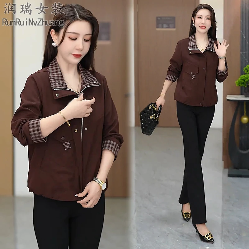 复古格纹拼接翻领短外套女2025秋季新款小个子休闲百搭短款夹克潮