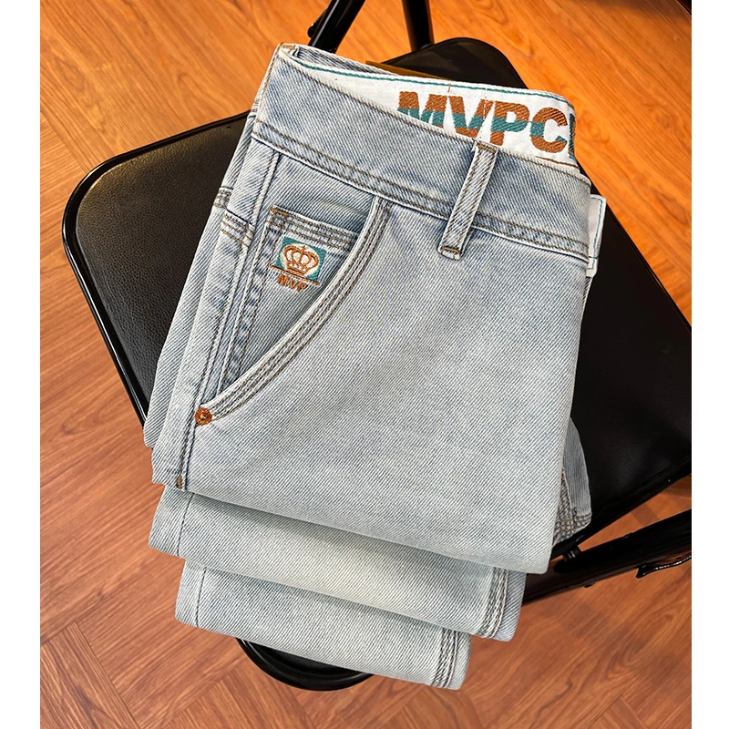 高端斜纹面料九分牛仔裤男士夏季薄款时尚浅色水洗修身小直筒长裤