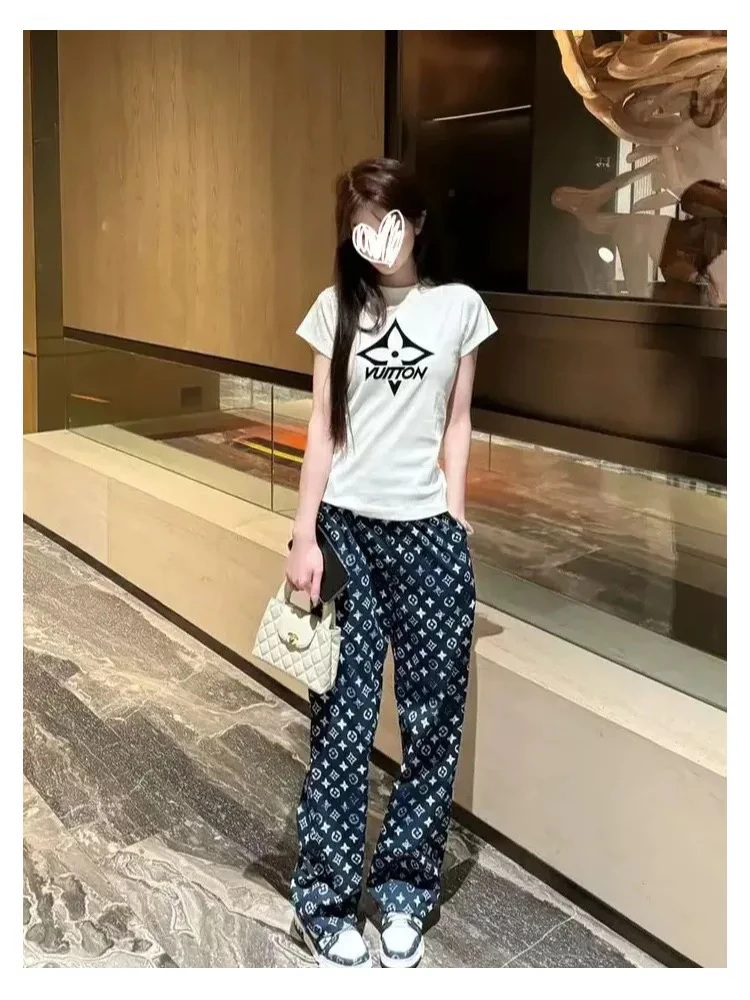 美式高街白色圆领正肩短袖T恤设计感显瘦印花休闲直筒裤子套装潮