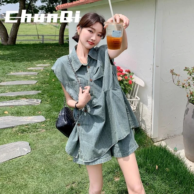 淳启不撞款牛仔套装女夏季酷飒拽姐高级感穿搭遮肉显瘦短裤两件套