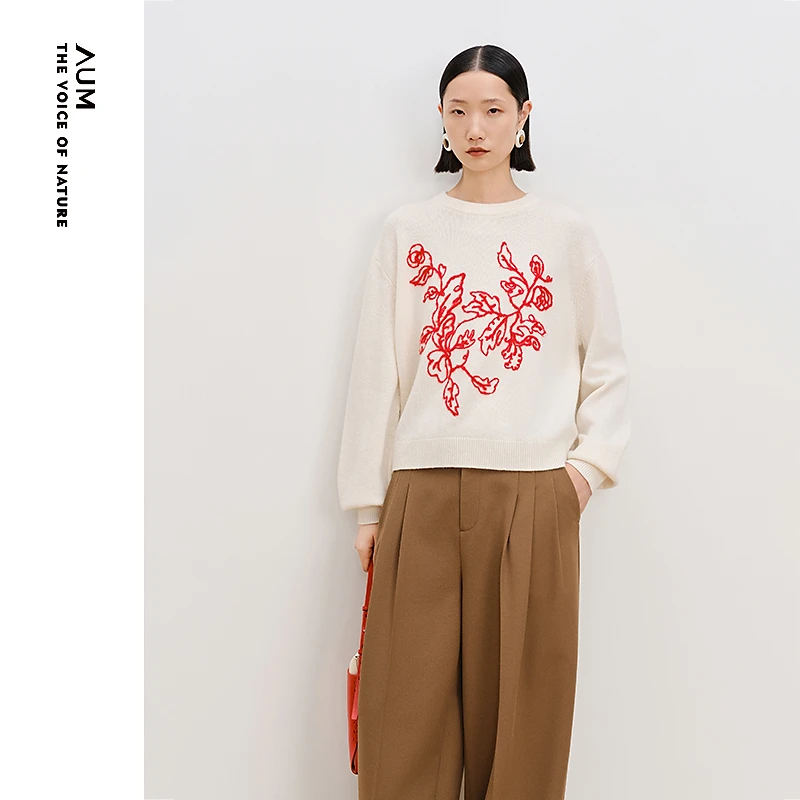 【新年系列】AUM/噢姆美丽诺羊毛宽松长袖国潮圆领针织衫M1FZ1S62M