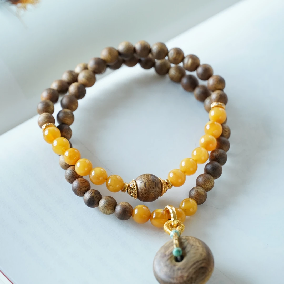 【岁月静好】奇楠沉香平安扣06mm蜜蜡双圈手串