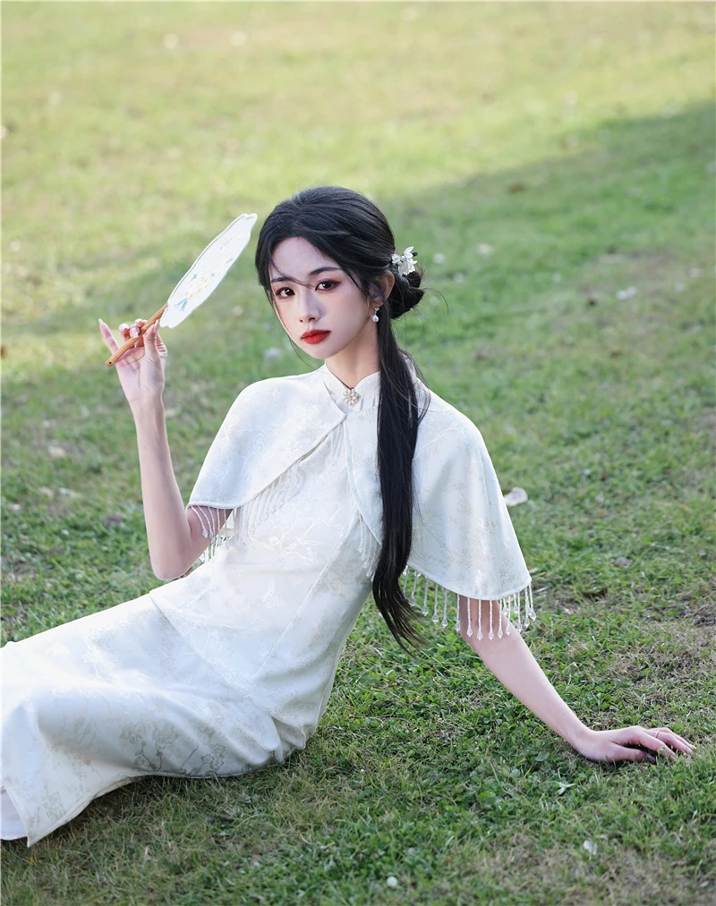 白色套装旗袍中长单层2025夏季气质年轻新款提花少女改良修身旗袍