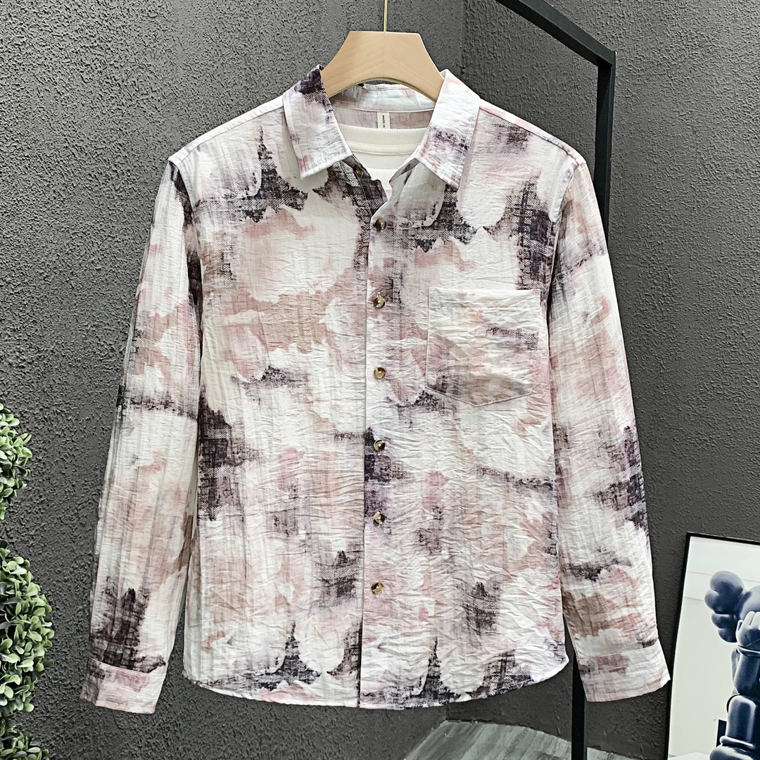 专柜高端品质日系潮流扎染长袖衬衫男士时尚渐变休闲帅气宽松衬衣