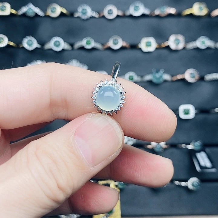 翡翠戒指银S925镶嵌天青冻