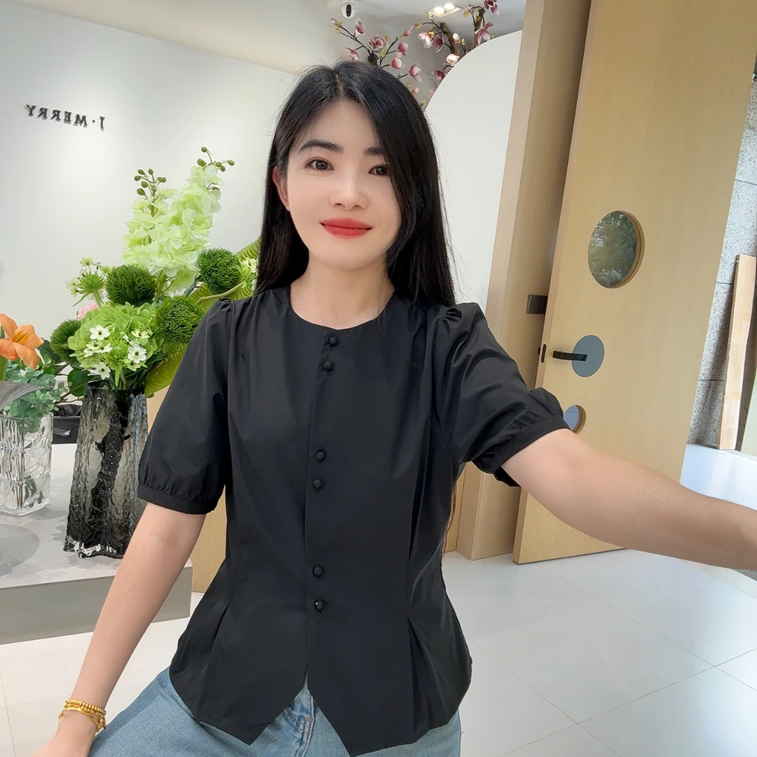 QC 253274 法式圆领泡泡袖纽扣褶皱收腰短袖开叉衬衫