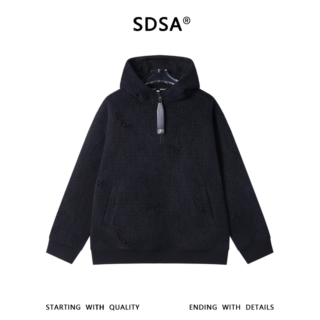 SDSA男士秋冬新款痞帅男装时尚简约波浪线半拉链连帽卫衣百搭上衣