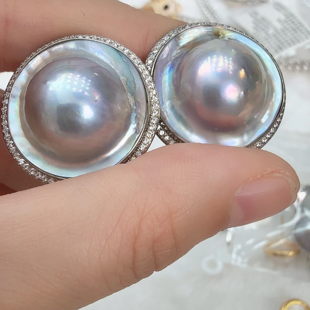 银S925镶嵌拼合珍珠（马贝珠）耳饰