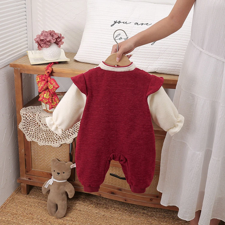 婴儿衣服冬装连体衣女宝宝拜年服红色加绒加厚棉服喜庆抓周过年