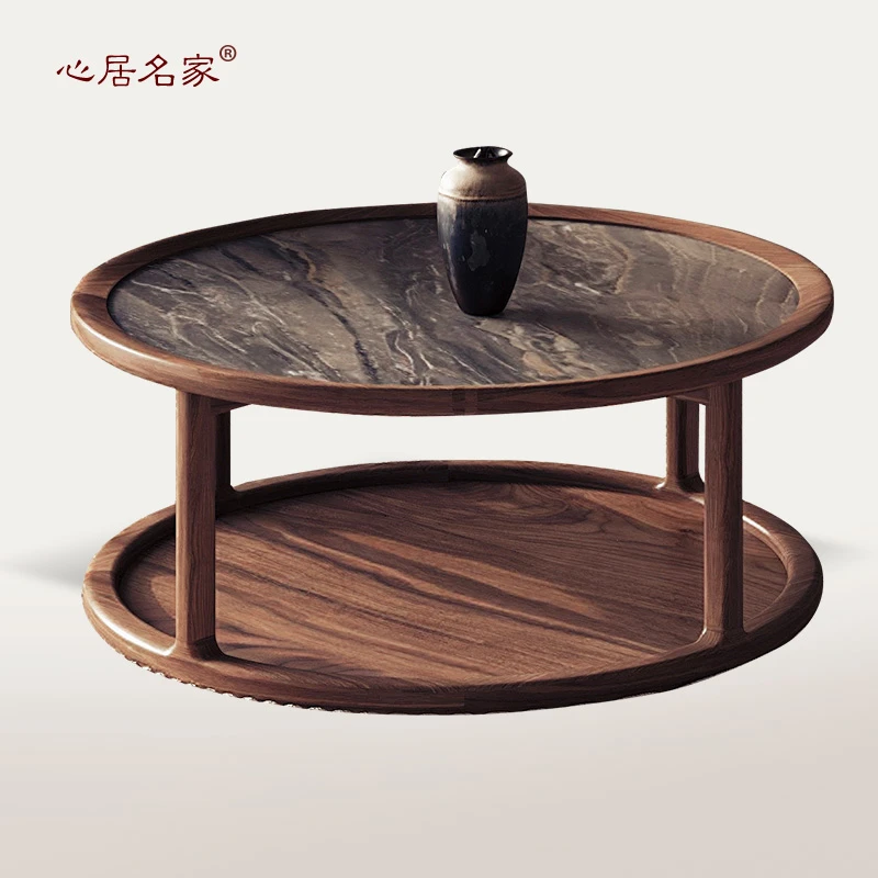 心居名家圆形实木茶几客厅家具进口楠木制作岩板面茶桌台B2147