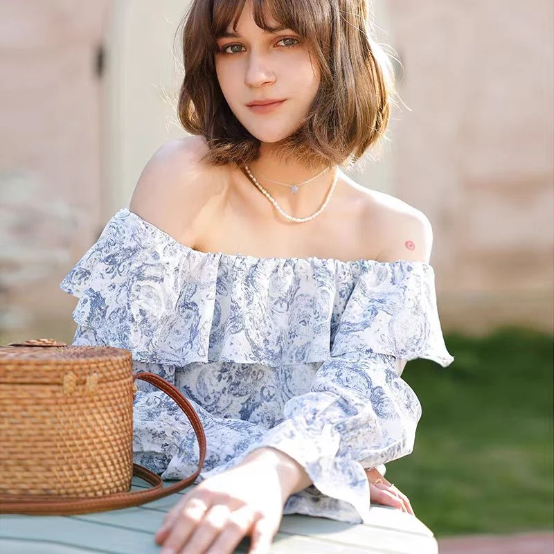 F80131一字领露肩女新款夏季显瘦高级感长袖上衣胸围120衣长58