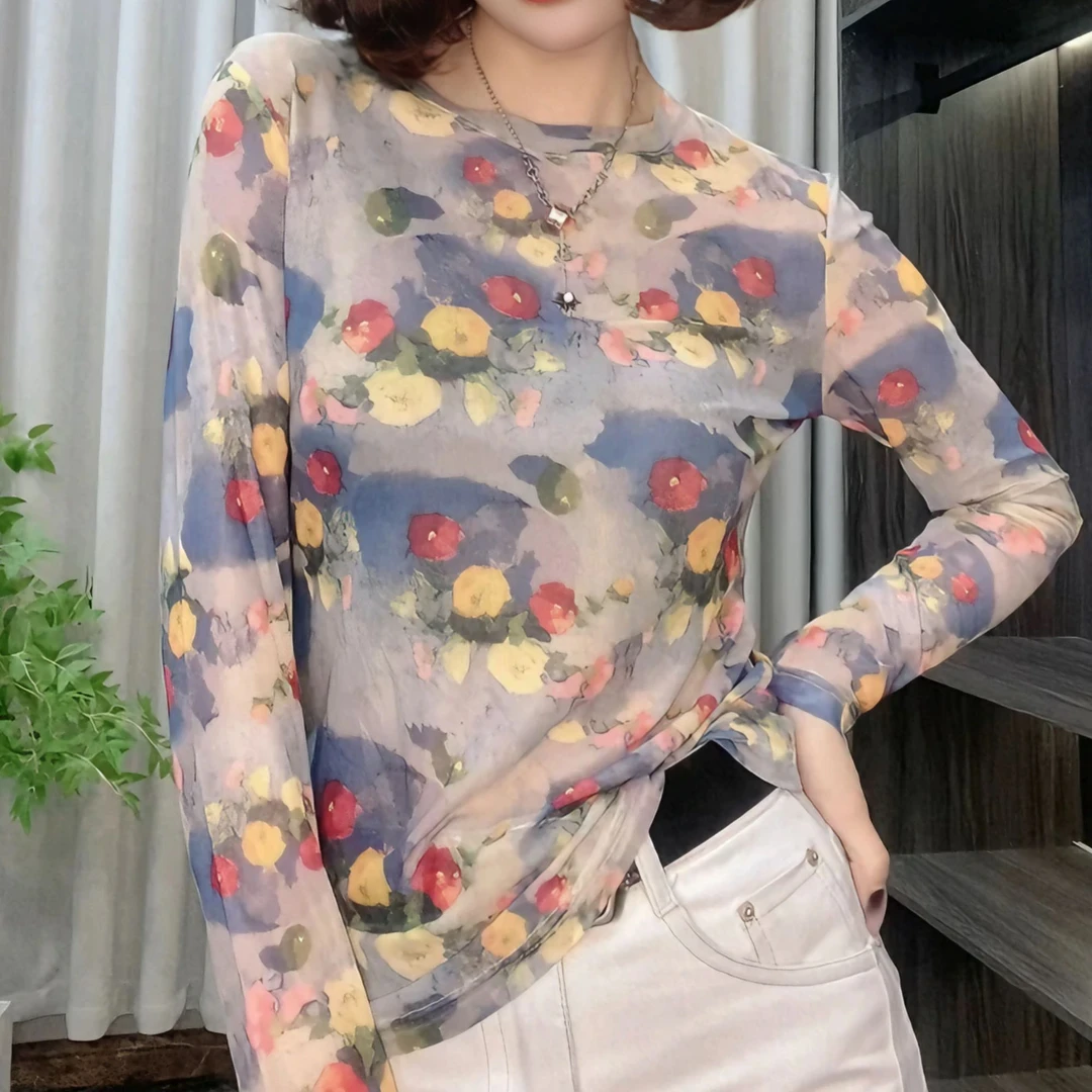 【小画家】2025夏季彩色花朵圆领复古扎染设计感薄款防晒罩衫时尚潮