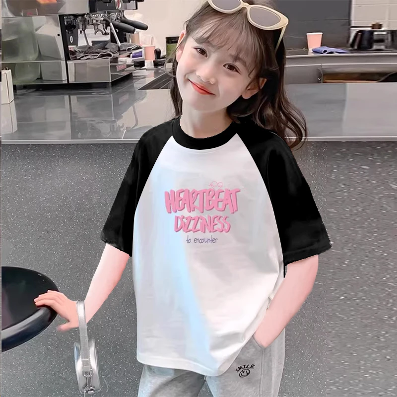 纯棉女童短袖t恤2025新款儿童洋气撞色上衣女孩拼色宽松插肩半袖