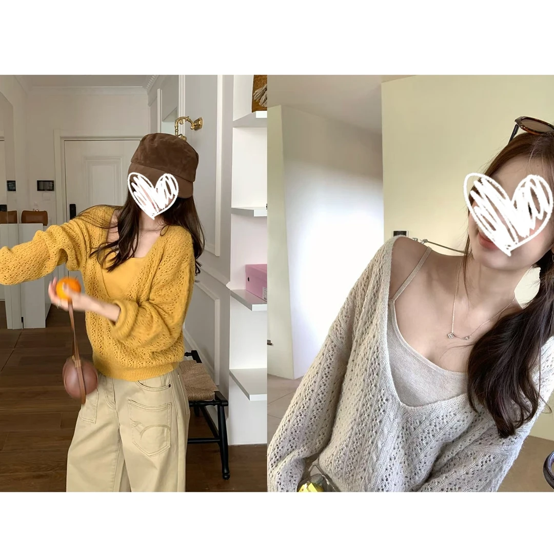 长毛马海镂空绞花罩衫/吊带两件套毛衣女秋冬休闲宽松百搭上衣