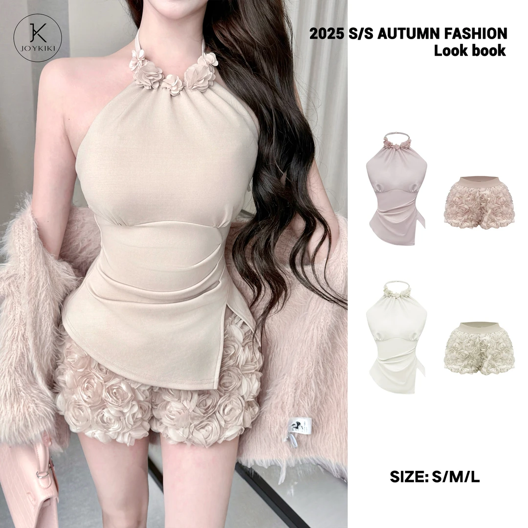 JOY KIKI鹅了么【京畿道千金】秋季收腰挂脖立体花朵套装 J25D005