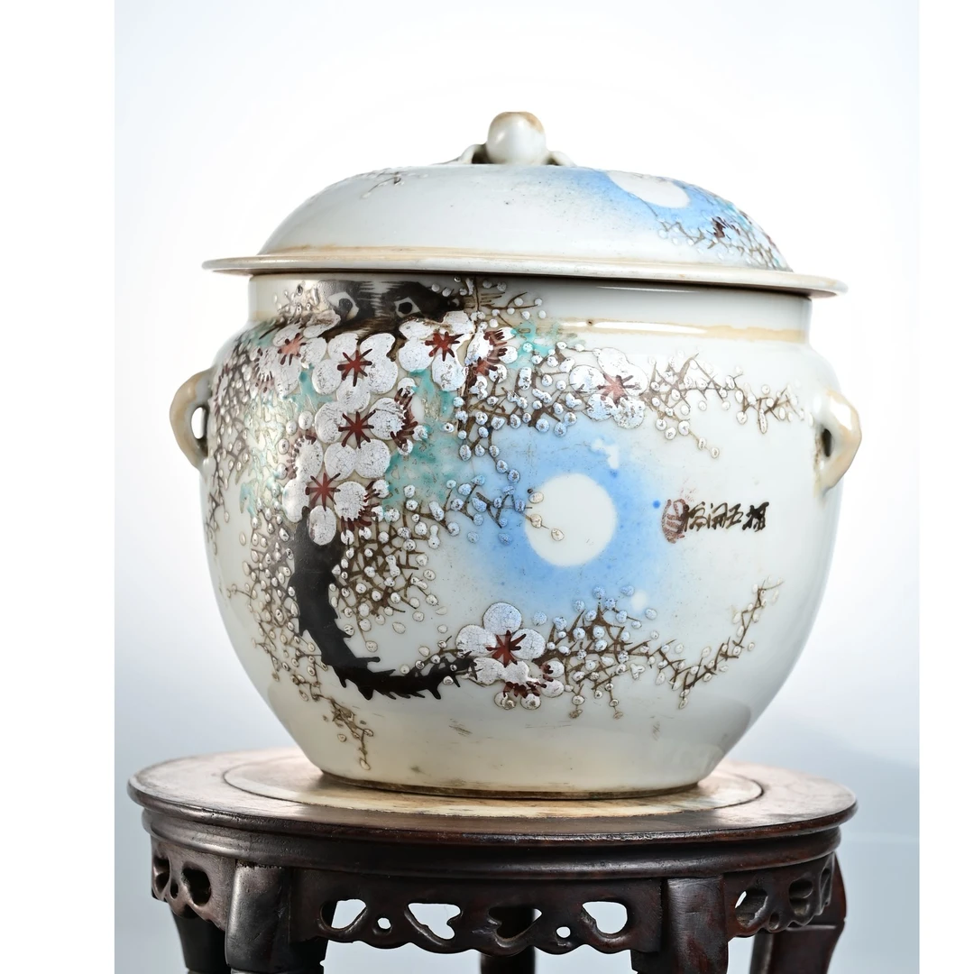 粥罐夜晚月色寒梅绽放