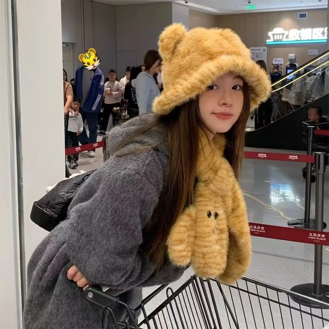 【吐司】韩系新款围巾帽子两件套可爱卡通豹纹毛绒渔夫帽冬季保暖